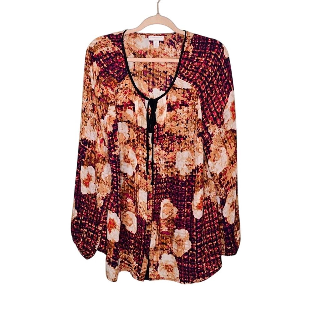 CHARTER CLUB Womens Plus 1X Multicolor Floral Peasant Top Blouse‎ Long Sleeves